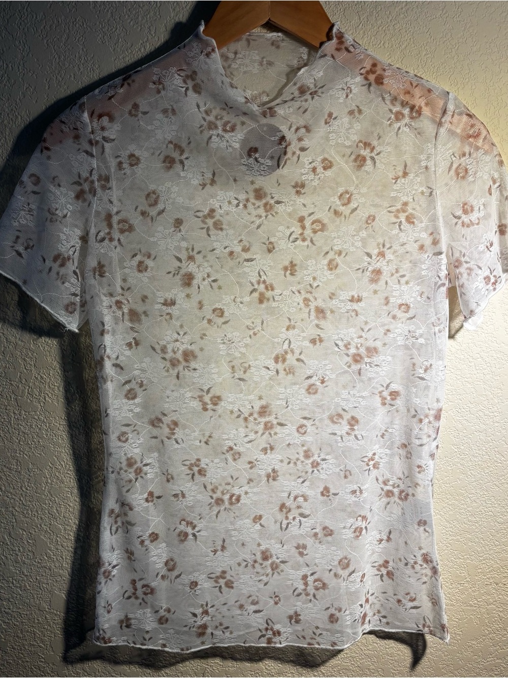 New Sheer Floral Lace Short Sleeve Top - White with Beige Floral